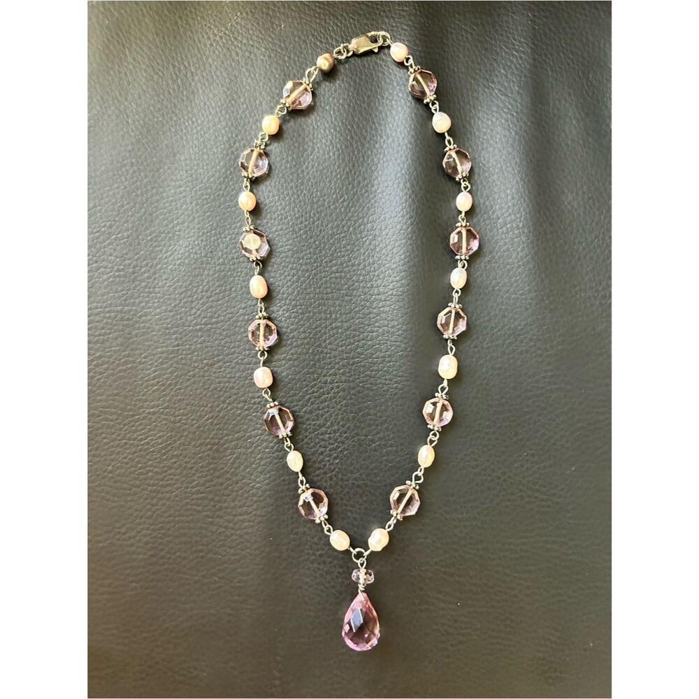 Vintage Handmade Sterling Silver Freshwater Pearl & Pink Bead Drop Necklace